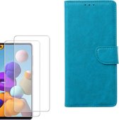 Samsung Galaxy A21S Portemonnee hoesje Turquoise met 2 stuks Glas Screen protector