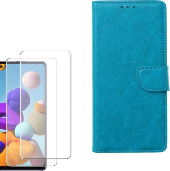 hoesje Geschikt voor: Samsung Galaxy A21S Portemonnee Turquoise met 2 stuks Glas Screen protector