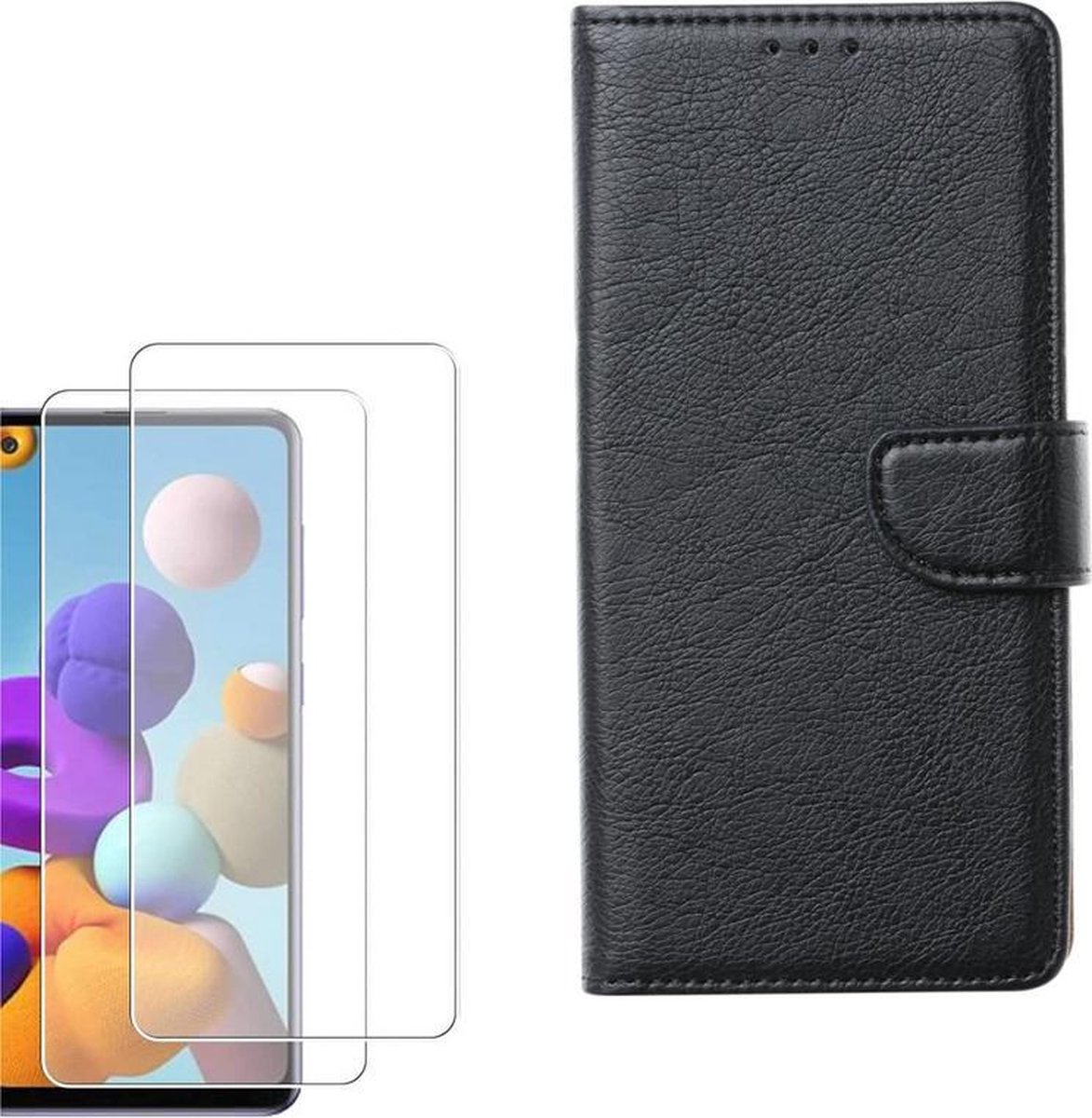 hoesje Geschikt voor: Samsung Galaxy A21S Portemonnee zwart met 2 stuks Glas Screen protector