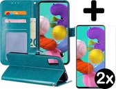 Hoesje Geschikt voor Samsung A51 Hoesje Book Case Hoes Portemonnee Cover Walletcase Met 2x Screenprotector - Hoes Geschikt voor Samsung Galaxy A51 Hoes Bookcase Hoesje - Turquoise