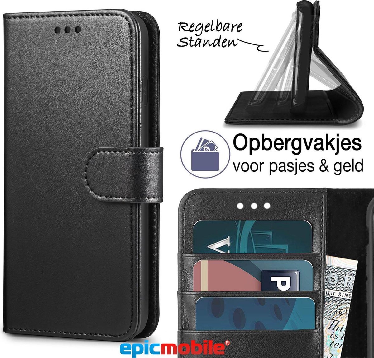 Samsung Galaxy A41 Hoesje - Lederen Wallet Case - Book Case met Kaarthouder - Portemonnee Hoesje - magneetlipje - Zwart - Epicmobile