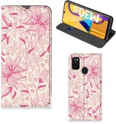 Magnet Case Geschikt voor Samsung Galaxy M30s | Geschikt voor Samsung M21 Telefoon Hoesje Roze Bloemen