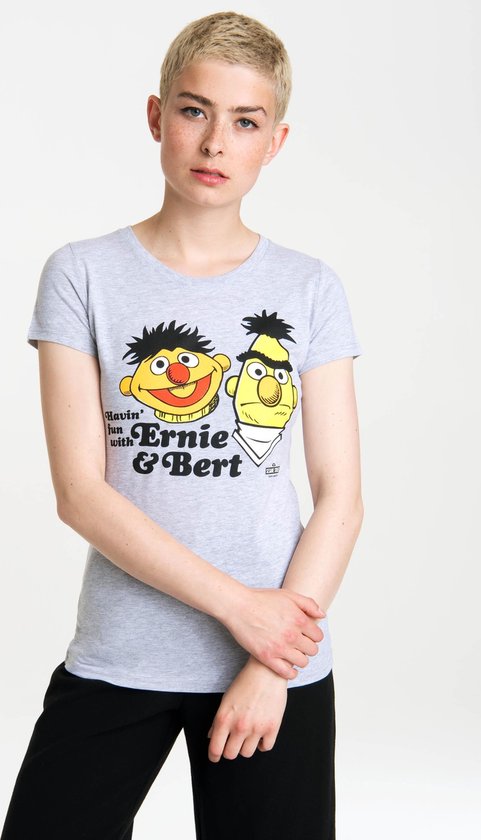 Logoshirt Vrouwen T-shirt Ernie en Bert - Havin'Fun - Sesamestreet - Shirt met ronde hals van Logoshirt - grijs gespikkeld