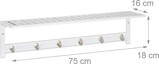 Witte kapstok met hoedenplank en zes haken, met afmetingen.