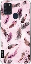 Casetastic Samsung Galaxy A21s (2020) Hoesje - Softcover Hoesje met Design - Feathers Pink Print