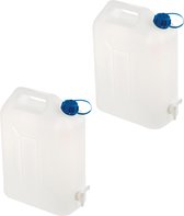 2x Jerrycans/watertanks 20 liter met tapkraantje - 36 x 18 x 46 cm - Jerrycans/watertanks/watercontainers met tap - Kampeerartikelen