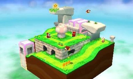 Groen eiland in de lucht met stenen gebouwen, roze paarse daken en kleine Mario-personages.