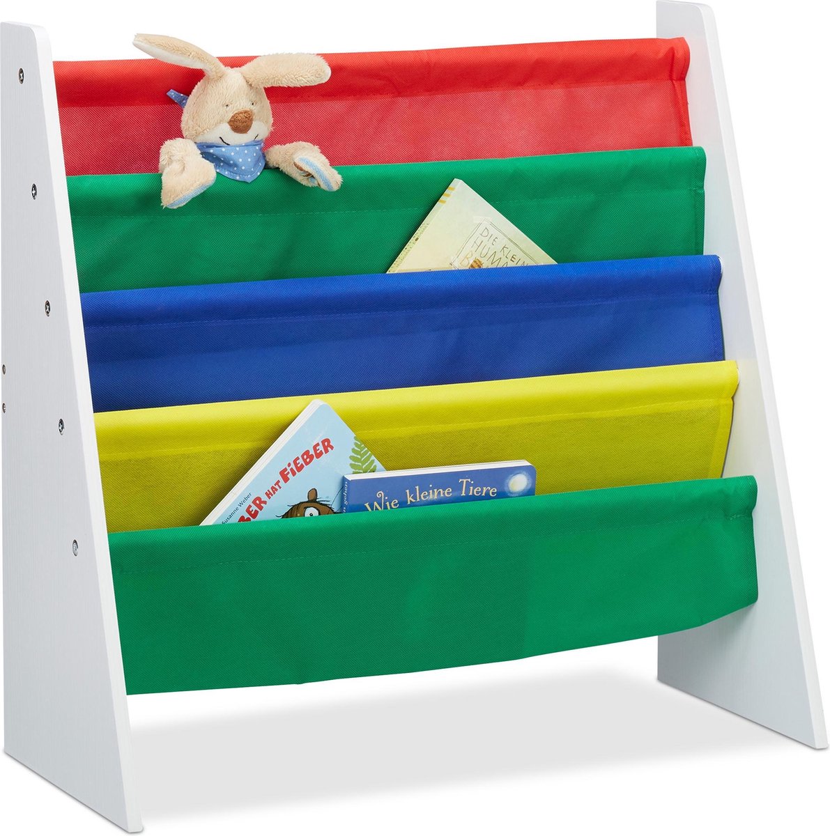Relaxdays boekenrek kind, HxBxD: 69,5 x 50,5 x 28 cm, 3 planken, voor kinderkamer, speelgoedkist met wieltjes, wit