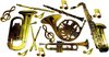 Gouden muziekinstrumenten zoals een saxofoon, trompet, hoorn en tuba, met muzieknoten.