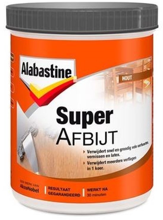 Alabastine Super Afbijt pot met oranje label. Verwijdert verf snel en grondig van hout.