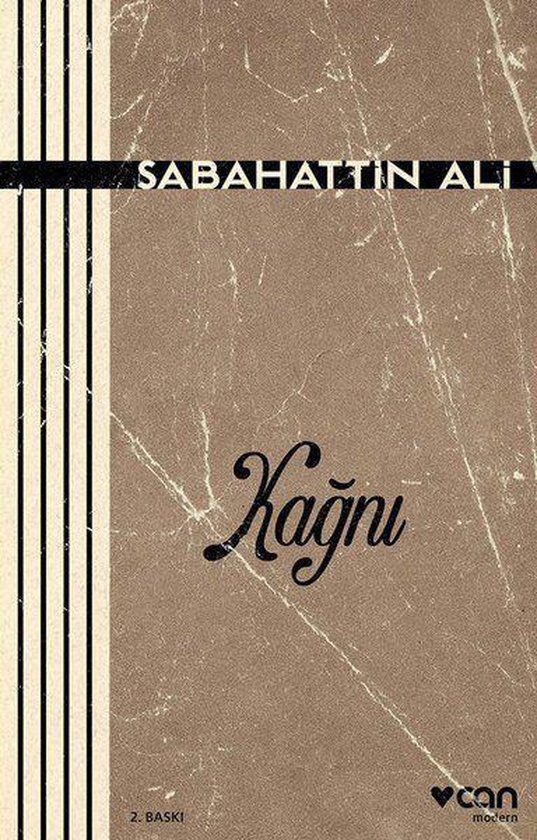 Boekomslag van 'Kağnı' door Sabahattin Ali met bruine, verweerde achtergrond en verticale zwarte lijnen.