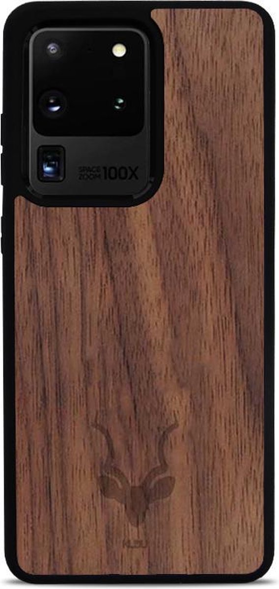 Kudu Samsung Galaxy S20 Ultra hoesje case - Houten backcover - Handgemaakt en afgewerkt met duurzaam TPU - Walnoot - Zwart