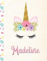 Madeline: Personalized Unicorn Primary Handwriting Notebook For Girls With Pink Name - Dotted Midline Handwriting Practice Paper
