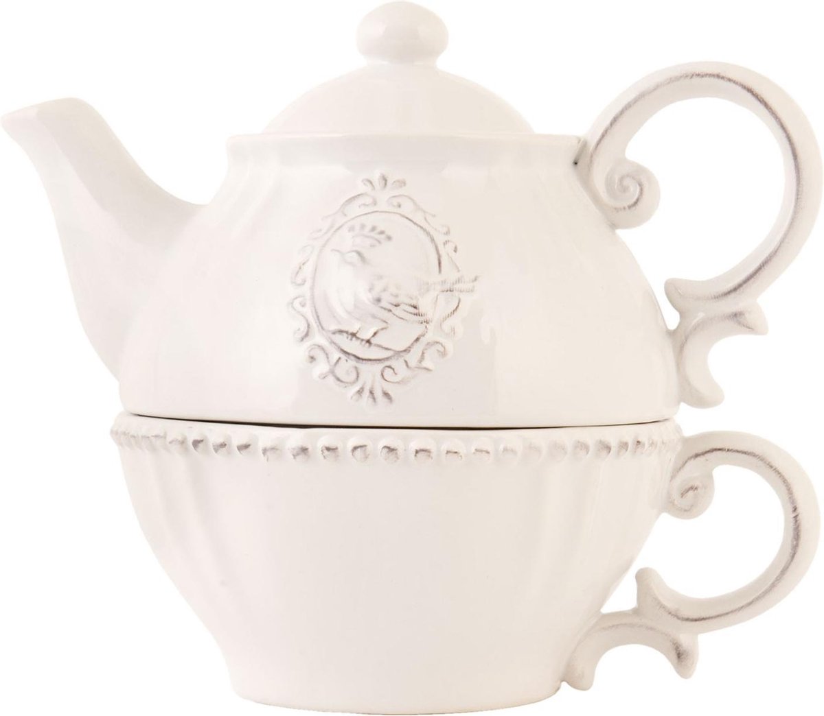 Clayre & Eef Tea for One 400 ml Beige Keramiek Rond Vogel Theepot set