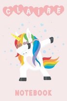 Claire: Unicorn Blank Lined Journal Notebook For Girls, 6 x 9, 110 Pages Perfect For Journaling, Notes, Diary & Doodling, Name
