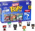 Verpakking van Funko Bitty POP! DC met Harley Quinn, Poison Ivy, The Joker en een mysteriefiguur, plus losse figuren.