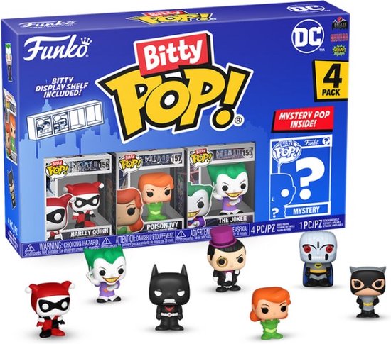 Verpakking van Funko Bitty POP! DC met Harley Quinn, Poison Ivy, The Joker en een mysteriefiguur, plus losse figuren.