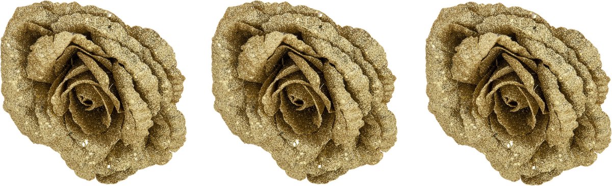 Cosy & Trendy Roos op clip - 4x stuks - goud glitter - 18 cm - decoratiebloem - kerstversiering Goudkleurig