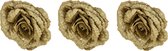 4x stuks decoratie bloemen roos goud glitter op clip 18 cm - Decoratiebloemen/kerstboomversiering/kerstversiering