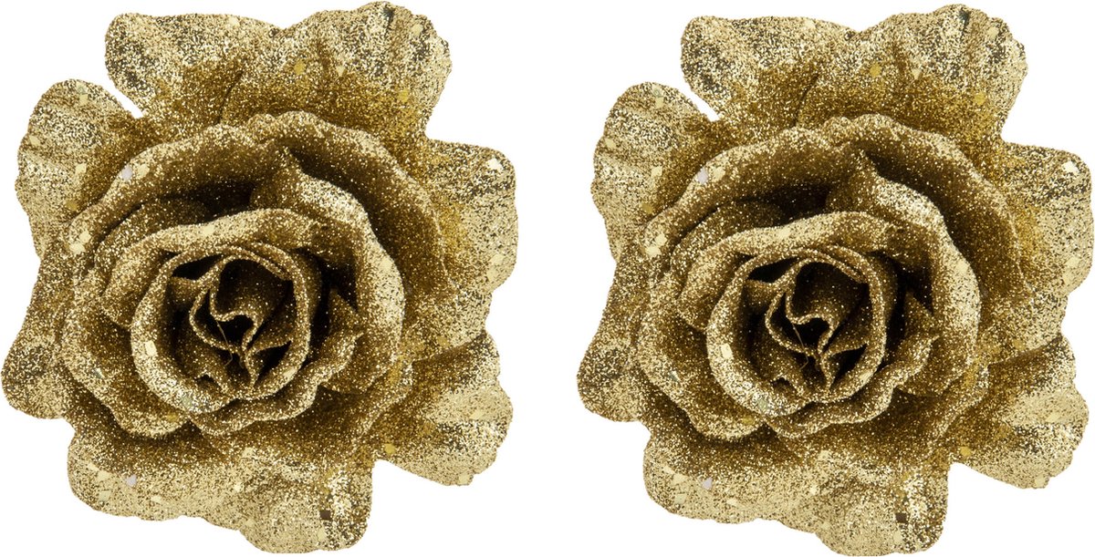 Cosy & Trendy Roos goud glitter op clip - 2x stuks - 10 cm - decoratie bloem - kerstversiering Goudkleurig