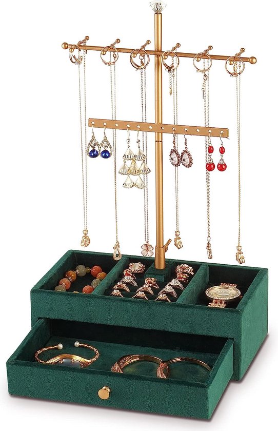 Josmimic 3-laags sieradenorganizer - beige sieradenstandaard voor armbanden, verwijderbare T-vormige sieradenstandaard, fluwelen armbandhouder, sieradenhouder, kettingen, horloges, ringen