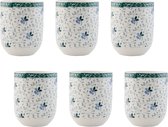 HAES DECO - Mokken set van 6 - formaat Ø 6x8 cm / 100 ml - kleuren Wit / Blauw - Bedrukt met Bloemen - Collectie: Mok - Mokkenset, Koffiemok, Koffiebeker