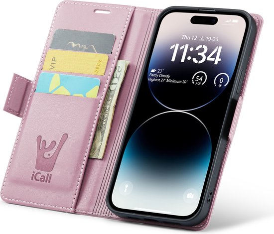 Coque de téléphone rose clair, ouverte pour montrer un téléphone avec la météo et 3 emplacements pour cartes.