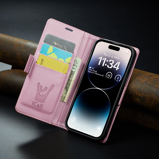 Étui portefeuille rose en similicuir avec porte-cartes et logo "iCall". Le téléphone affiche "Thu 12 19:04".