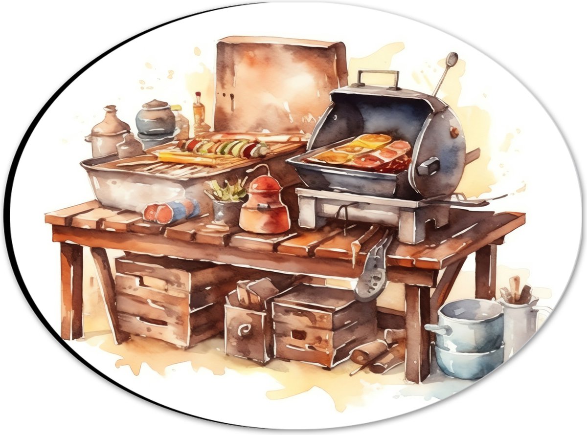 Dibond Ovaal - Waterverf Tekening met Barbecue en Eten - 28x21 cm Foto op Ovaal (Met Ophan