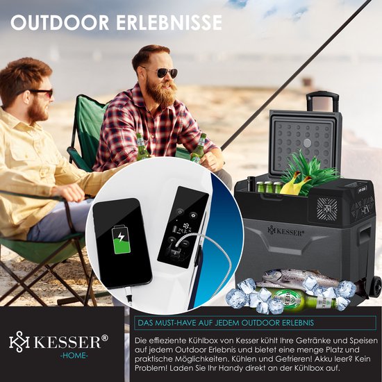 KESSER® Compressor Koelbox Elektrische Vriezer, met APP-bediening USB-aansluiting 12/24 V 230V, +Telescopische stangwielen Collbox tot -20 °C voor auto, vrachtwagen, boot, camper, camping - 50 Liter, Antraciet / Zwart van KESSER — afbeelding 4