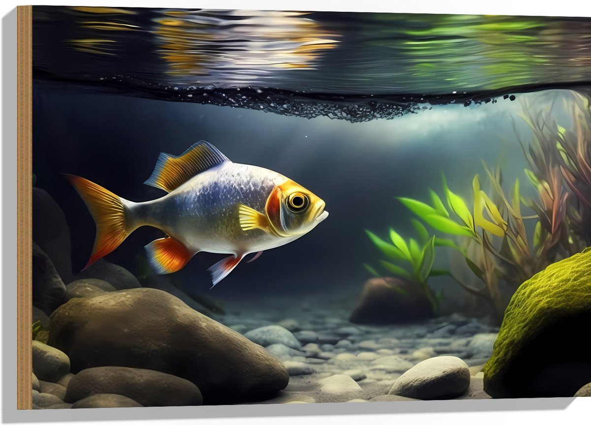 Hout - Zilver met Oranjekleurige Vis Zwemmend in Aquarium - 75x50 cm - 9 mm dik - Foto op Hout (Met Ophangsysteem)