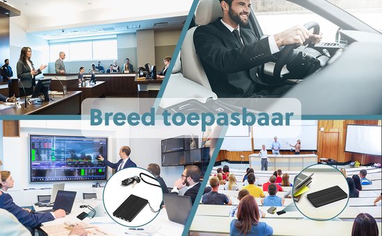 Collage van locaties waar de dictafoon bruikbaar is: rechtbank, auto, beurs, collegezaal. Met close-ups van de recorder.