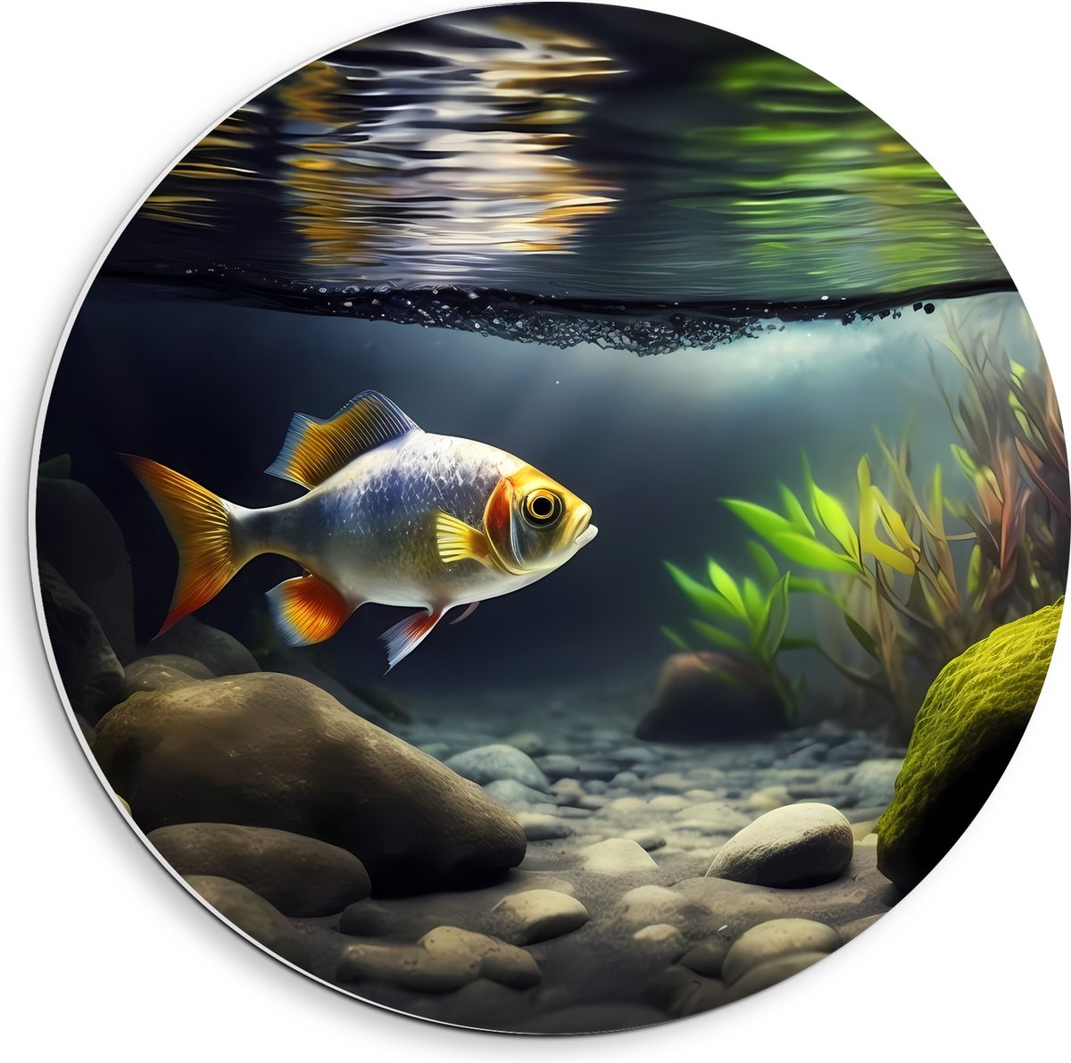 PVC Schuimplaat Muurcirkel - Zilver met Oranjekleurige Vis Zwemmend in Aquarium - 40x40 cm Foto op Muurcirkel (met ophangsysteem)