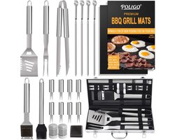 Poligo Set van 21 roestvrijstalen grillbestek in aluminium - grillaccessoires met grillmat - professionele grillset - verjaardagscadeau en vaderdag cadeaus voor mannen