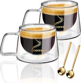 Latte Macchiato glazen set van 2 x 200 ml, dubbelwandige glazen met handvat van borosilicaatglas, koffieglazen met 2 koffielepels, espresso-glazen voor espresso, thee, latte, cola cappuccino drankje