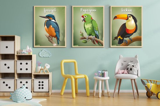 Posterset bestaande uit drie vogels, toekan, papegaai en ijsvogel - Poster kinderkamer - muurdecoratie babykamer - 30x40cm