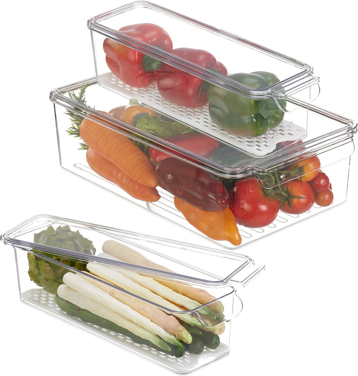 koelkast organizer - set van 3 - 2 groottes - opbergbakjes met deksel - koelkastbakje