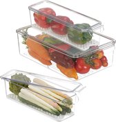 Relaxdays koelkast organizer set van 3 - koelkast opbergbak transparant - langwerpig bakje