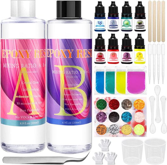 ZQEJEFD Epoxyhars, 1016 ml Epoxyharsset Beginners, 1:1 Harsgietset, Harsgietaccessoires met Glitter, Houten Stokjes, Maatbeker, Epoxyhars Beginnersset voor Handwerk, Kunstproject