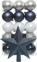 Kerstballen 30x st - 6 cm - met ster piek - blauw/wit/zilver -kunststof