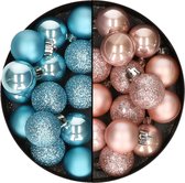 Decoris kleine kerstballen - 28x st - lichtroze en ijsblauw - 3 cm - kunststof