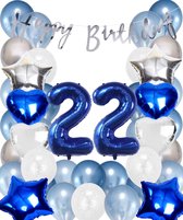 Snoes Ballonnen 22 Jaar Set Mega Blauw Zilver Ballon - Compleet Feestpakket Cijferballon 22 Jaar - Verjaardag Versiering Slinger Happy Birthday – Folieballon – Latex Ballonnen - Helium Ballonnen