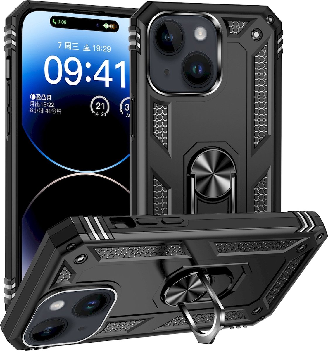Mobigear Hoesje geschikt voor Apple iPhone 15 Telefoonhoesje Hardcase | Mobigear Armor Ring Backcover Shockproof met Ringhouder | Schokbestendig iPhone 15 Telefoonhoesje | Anti Shock Proof - Zwart
