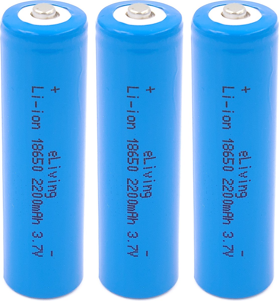 3 18650 Batterijen. 3,7V Li-ion. 2200mAh, Button Top.