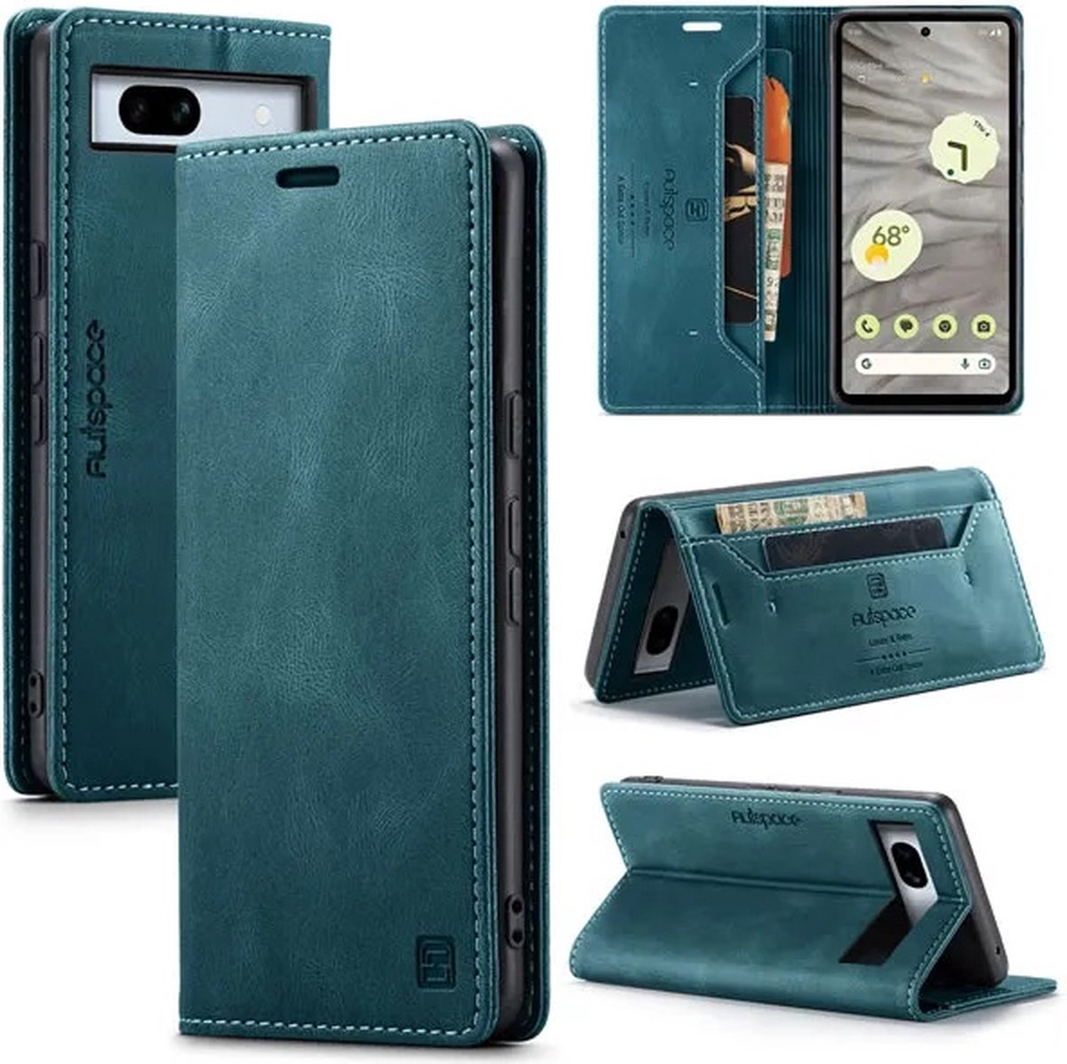 Luxe Flip Case met RFID Bescherming Kaarthouder en Magneetsluiting + Glas Screenprotector voor Google Pixel 7A _ Blauw