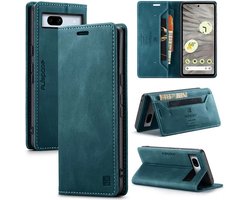 Luxe Flip Case met RFID Bescherming Kaarthouder en Magneetsluiting + Glas Screenprotector voor Google Pixel 7A _ Blauw