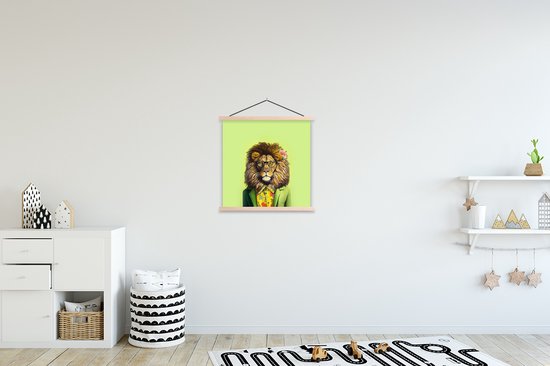 Posterhanger incl. Poster 40x40 cm - Schoolplaat - Leeuw - Man - Dier - Bril - Bloemen - Textielposter - Blanke latten