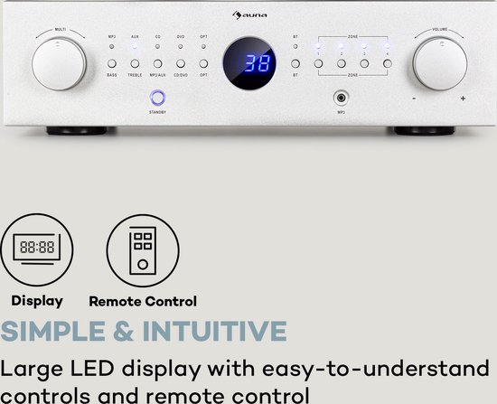 Auna Versterker, HiFi stereo mini-versterker, HiFi-versterker met bas- & treble-regelaar, 4-kanaals audioversterker, Stereo-versterker met afstandsbediening & AUX-ingang, AV-receiver — afbeelding 3