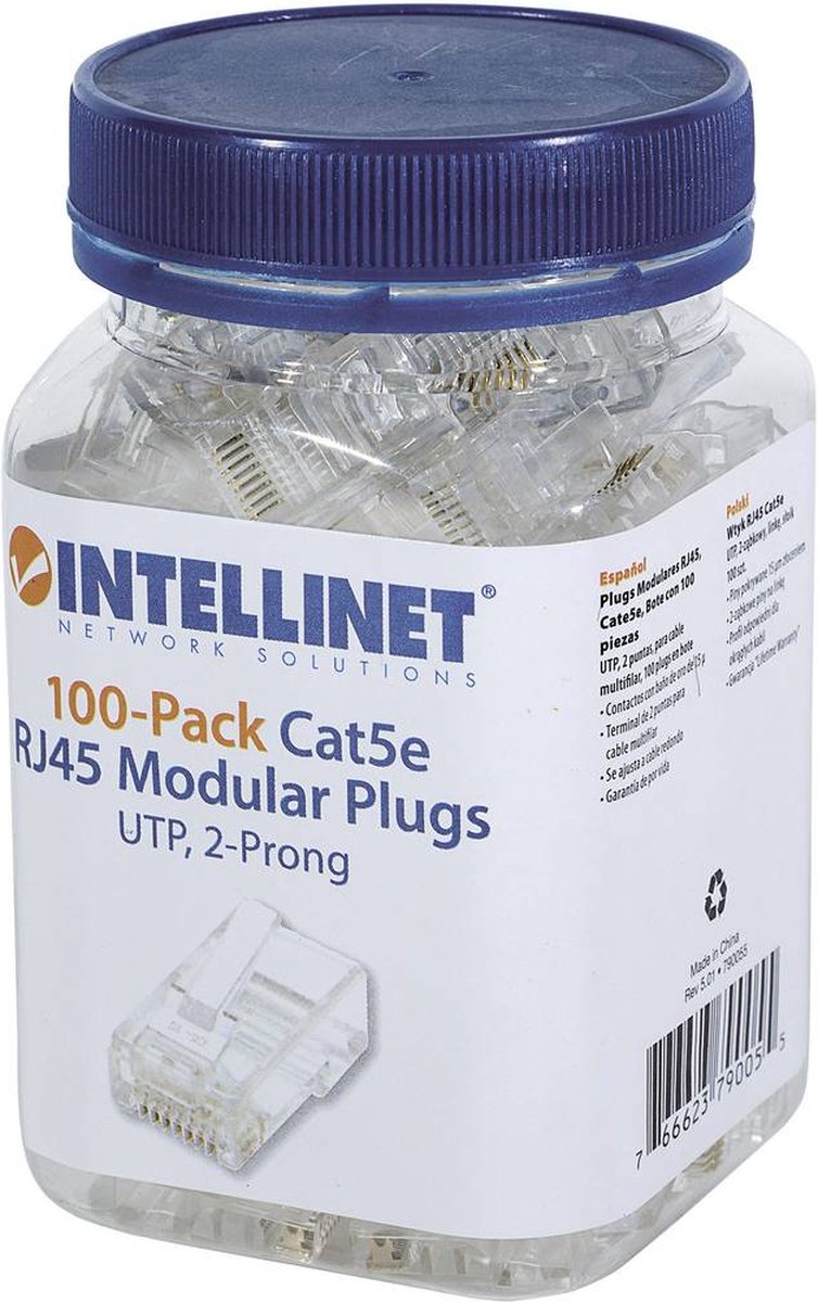 Intellinet 790055 Intellinet, set van 100 stuks Cat5e RJ45 modulaire stekker UTP 2-punts ader koppeling voor een draad