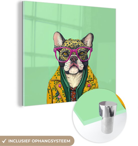 MuchoWow® Glasschilderij 90x90 cm - Schilderij acrylglas - Hond - Hippie - Dieren - Bril - Foto op glas - Schilderijen